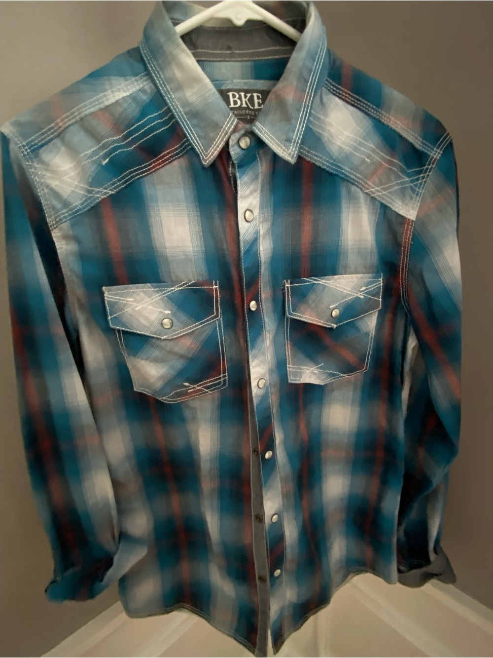 BKE Teal and Rust Plaid Western Button-Down Shirt